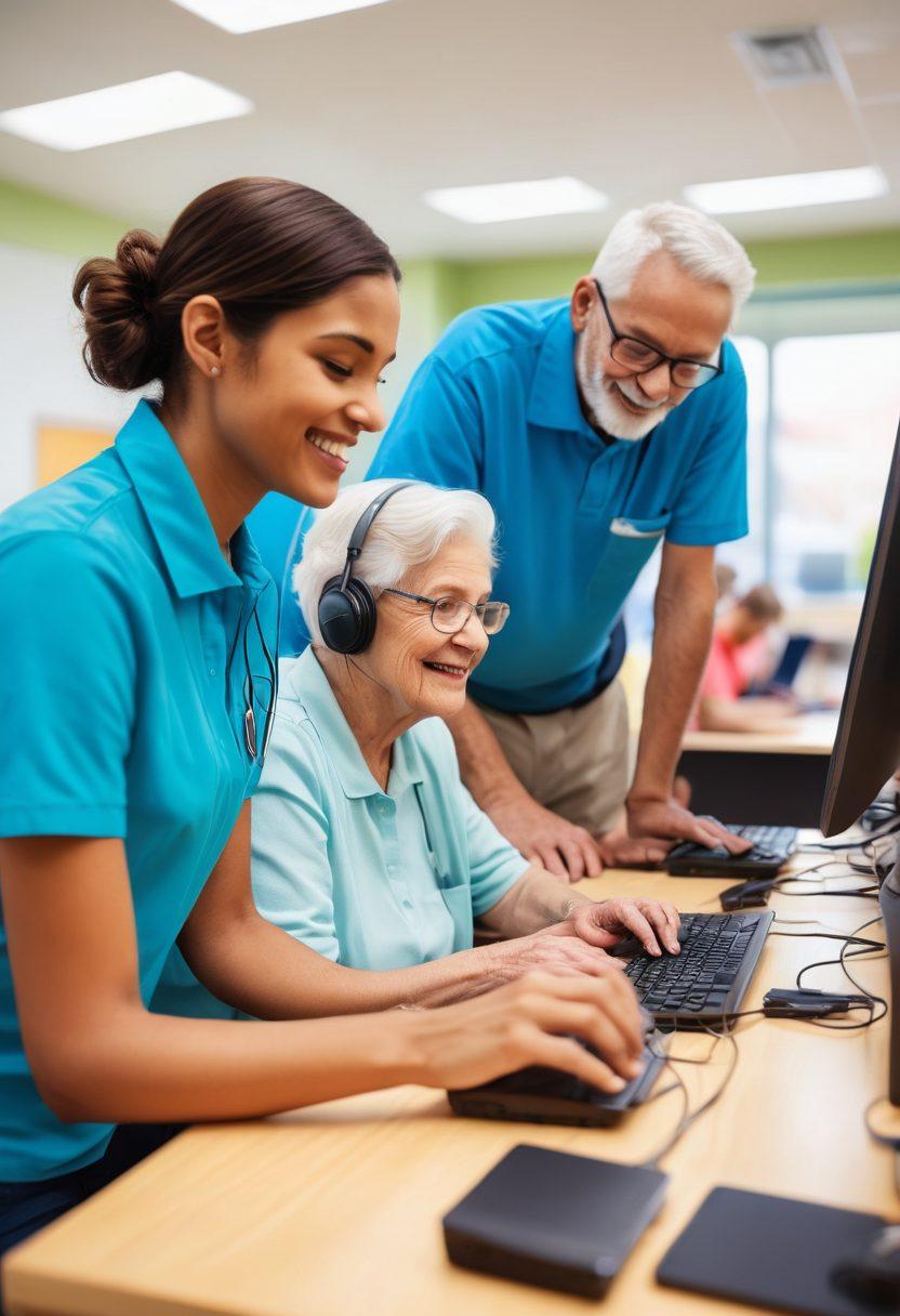 Community center bustling with diverse volunteers helping people with tech support; someone fixing a computer, another explaining a smartphone to an elderly person, a digital troubleshooting board in the background. Bright, friendly atmosphere with elements of modern technology like laptops and tablets. super-realistic. vibrant colors.