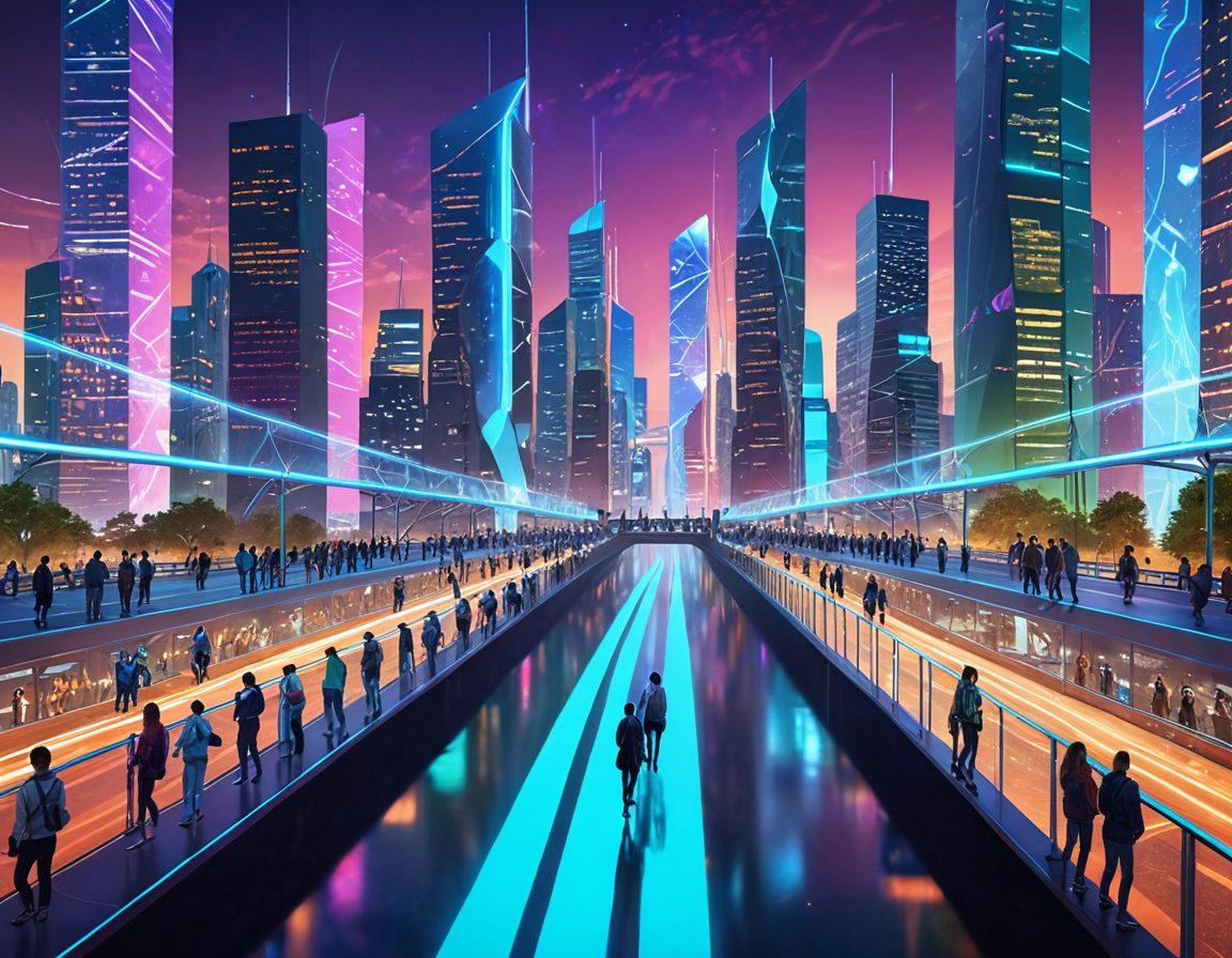 A futuristic cityscape divided by a technological bridge made of glowing circuits, connecting diverse groups of people on one side to advanced digital infrastructure on the other. People of various ethnicities and ages crossing the bridge holding devices, with vibrant holographic displays lighting their path. The background showcasing a blend of nature intertwining with technology. super-realistic. vibrant colors. 3D.