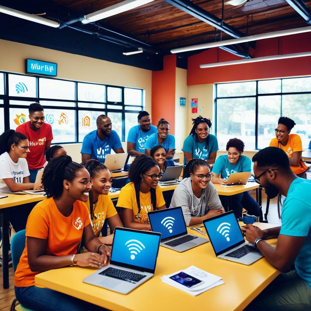 A diverse group of volunteers teaching excited community members on laptops and tablets, surrounded by symbols of connectivity like Wi-Fi signals and digital icons, in a vibrant, modern community center setting. Illustration style. vibrant colors. inclusive atmosphere.